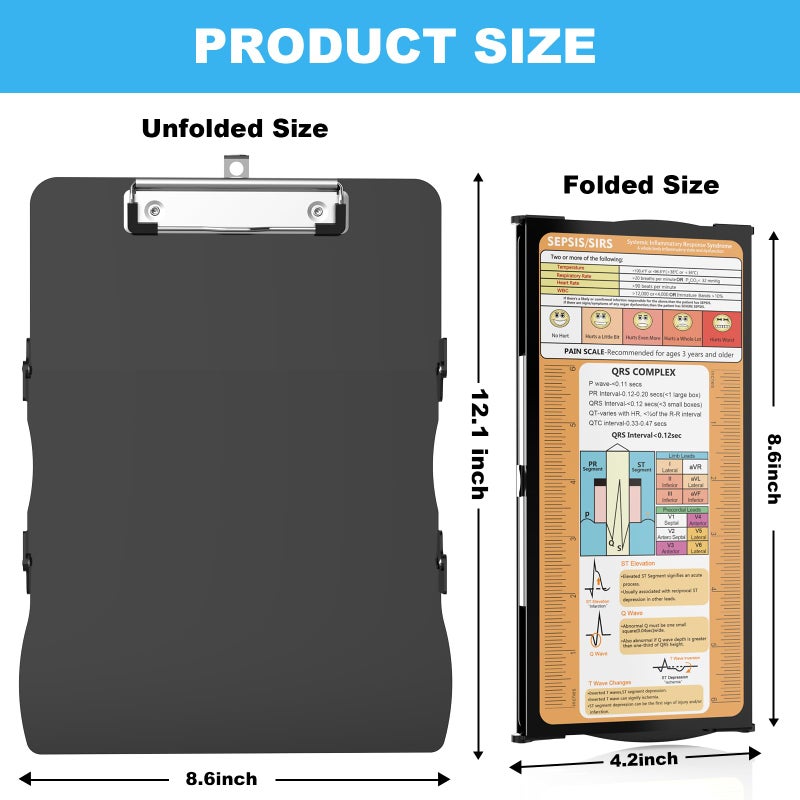 Cooperwin Nursing Clipboard Trifold Foldable  3 Layers Aluminum Nurse Clipboards with Nursing Edition Cheat Sheets  Folding Pocket Size for Students Nurses Doctors - Black - Image 3